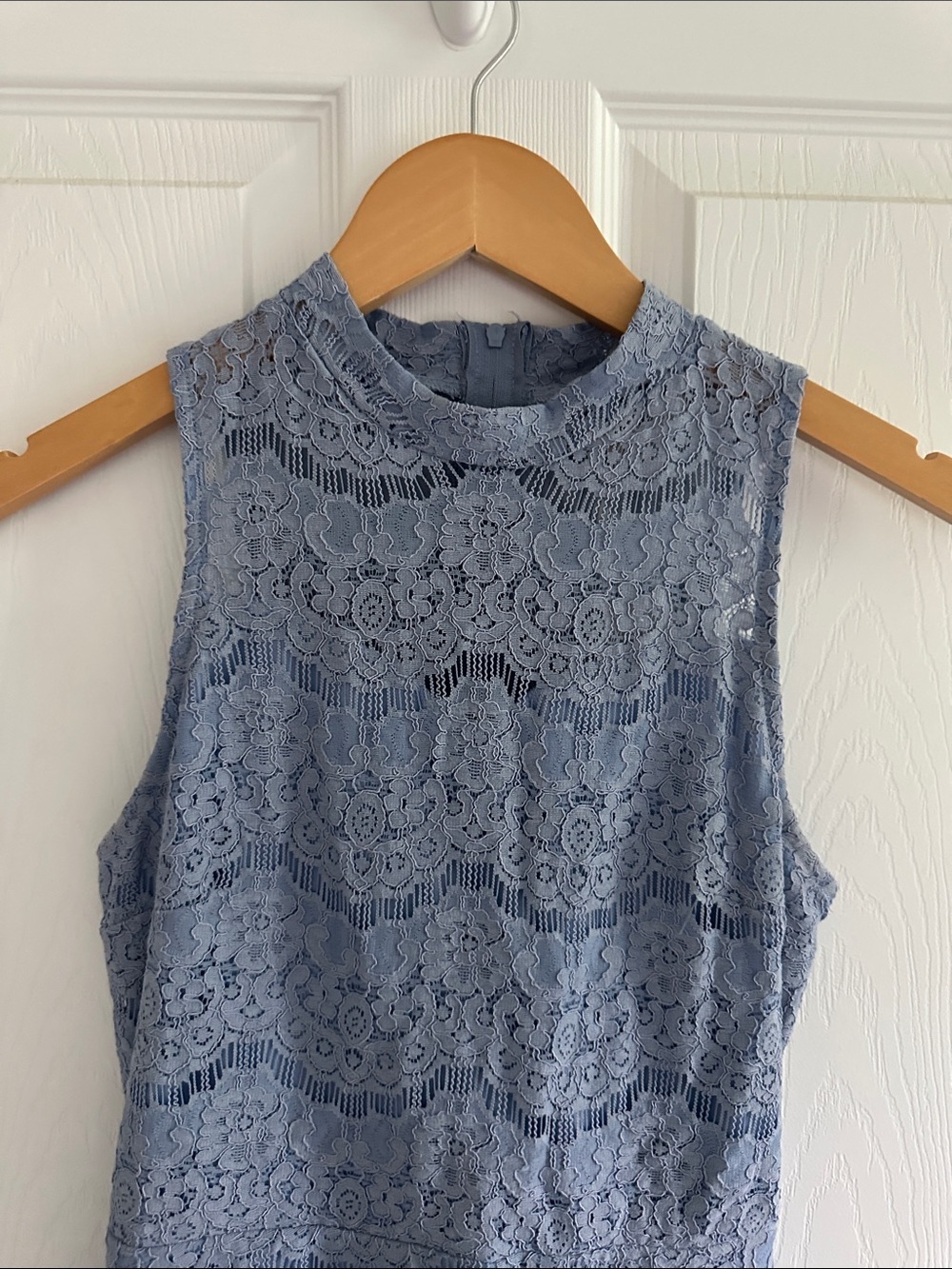 Francesca's Collections Dusty Blue Lace High-Neck Fit & Flare Dress NWT - Picture 3 of 9